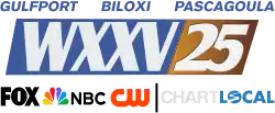 A blue parallelogram with slanted letters W X X V in a flared sans serif next to an orange parallelogram with a numeral 25 in the same typeface but bolded. Above are the words "Gulfport, Biloxi, Pascagoula"; below are the logos of Fox, NBC, The CW and digital advertising firm ChartLocal.