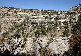 Toroweap Formation in Walnut Canyon, east of Flagstaff, Arizona. The darker middle section is the vegetation covered slope of the Toroweap Formation. Above it is Kaibab Limestone. Below it is Coconino Sandstone showing cross-bedding of fossil dunes.(note: cross-bedding of dunes compared to horizontal bedding of Kaibab Limestone)