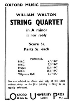 magazine advertisement for first edition of the printed score of the quartet
