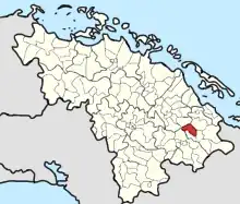 Map of Zulueta Popular Council (Red) in Remedios (Orange) in Villa Clara (Yellow)