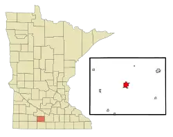 Location of St. James within Watonwan County and state of Minnesota