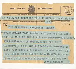 Telegram of 21&nbsp;June 1916 from David Lloyd George, Minister of Munitions, to Joseph Watson, Chairman of Barnbow Amatol shell-filling factory.