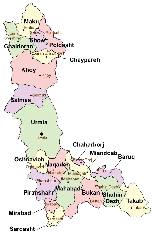Location of Poldasht County in&nbsp;West&nbsp;Azerbaijan&nbsp;province (top, pink)
