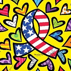Amid different colored hearts and against a yellow background, an awareness ribbon with the colors of the United States flag is centered