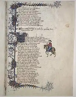 The opening page of The Wife of Bath's Tale from the Ellesmere Manuscript of The Canterbury Tales, circa 1405–1410