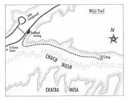 A black and white picture of the Wijiji Trail along Chaco Wash