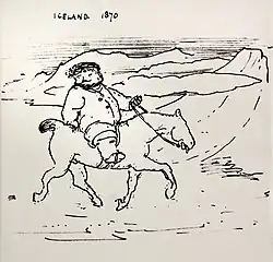 Bilbo's character and adventures match many details of William Morris's expedition in Iceland.[15] Cartoon of Morris riding a pony by his travelling companion Edward Burne-Jones (1870)