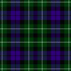 A tartan of purple and black bands on a green ground, with thin over-check of white on green and thinner of black, on purple