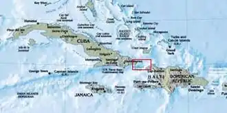 A map of the Northern Caribbean, with Cuba on the left and Haiti and the Dominican Republic on the right. There is a red square outlining the stretch of water between Cuba and Haiti.