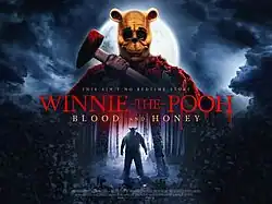 The silhouette of a man-sized Winnie-the-Pooh holding a knife in one hand and decapitated head in another, standing in front of a car in the middle of the woods.