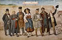 An Alsatian postcard published during the WWI depicts the unity (in support of the Empire) of various social classes (bourgeois, clergy, worker, peasant woman, civil servant, aristocrat, teacher). "Wir kennen keine Parteien mehr": "We no longer know any parties."