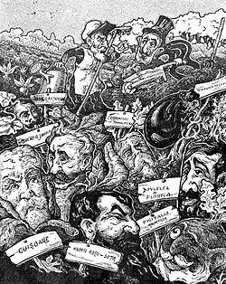 Carol I and Kalinderu as gardeners, reaping the vegetable-politicians; by Witold Rolla-Piekarski