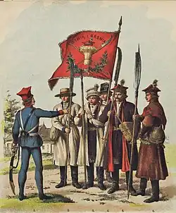 Painting Kościuszko's Polish Army in 1794 by Walery Eljasz Radzikowski depicting scythemen officer, 3 scythemens, pikemen and standard-bearer with banner of the regiment.