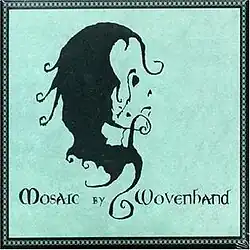 Black swirls and blotches on a teal background. When viewed in full the swirls form the face of a girl in profile.