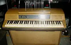 Photograph of the front of a Wurlitzer electric piano, showing keyboard