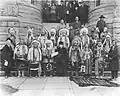 Yakama Indians on the front steps with Kate Stevens Bates (daughter of Isaac Stevens), circa 1921.