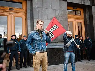 Iurii Gudymenko Gudimenko, Ukrainian blogger and politician, at the rally against Ihor Kolomoisky, near President Office, Kyiv, Bankova Str.