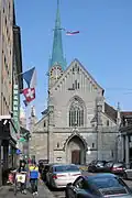 Fraumünster as seen from Poststrasse towards Paradeplatz