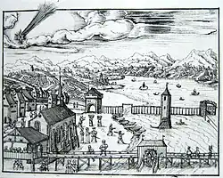 The area towards the lake and Grosser Hafner island, showing the then neighboring Grendeltor about the 1570s