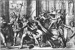 An imaged depiction of the attempted assassination by Piekarski on Sigismund in Warsaw. Piekarski holds a war hammer