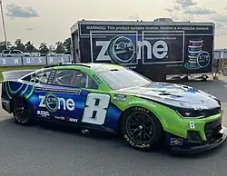 Nicotine pouches advertisement on a racing car, Nashville, 2025.