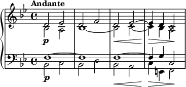 
{
  \new PianoStaff <<
    \new Staff \relative d' {
      \set Staff.midiInstrument = #"string ensemble 1" \key bes \major \clef treble \time 4/4 \set Score.tempoHideNote = ##t \tempo "Andante" 4 = 50
      <<
        {
          \voiceOne \stemUp d2 \p es2 | % 2
          d2 f2 | % 3
          d2 \< es2 ~ | % 4
          es4 \! \> d4 c2 \!
        }
        \new Voice \relative bes {
          \voiceTwo \stemDown
          bes2 a2 | % 2
          bes1 ~ | % 3
          bes2 c2 ~ | % 4
          c4 bes4 a2
        }
      >> \oneVoice
    }
    \new Staff \relative f {
      \set Staff.midiInstrument = #"string ensemble 1" \key bes \major \clef bass \time 4/4
      <<
        {
          \voiceOne \stemUp
          f1 \p ~ | % 2
          f1 | % 3
          f1 \< ~ | % 4
          f4 \! \> g4 c,2 \!
        }
        \new Voice \relative bes, {
          \voiceTwo \stemDown
          bes2 c2 | % 2
          bes2 d2 | % 3
          bes2 a2 | % 4
          c4 e,4 f2
        }
      >> \oneVoice
    }
  >>
}
