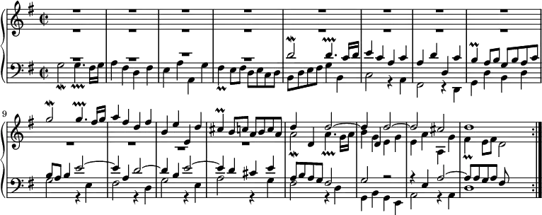 
\new PianoStaff <<
 \new Staff <<
  \new Voice \relative c''' {
   \key g \major \time 2/2 \voiceOne
   R1*8 |
   g2\mordent g4.\prallprall fis16 g |
   a4 fis d fis |
   b,4 e e, d' |
   cis4\prall b8 c a b c a |
   d4 d, d'2~ |
   d4 d, d'2~ |
   d2 cis |
   d1 | \bar ":|."
  }
  \new Voice \relative c'' {
   \voiceTwo
   R1*10 |
   \once \override MultiMeasureRest.staff-position = -8 R1 |
   R1 |
   a2\mordent a4.\prallprall g16 a |
   b4 g e g |
   e4 a a, g' |
   fis4\prall e8 fis d2 |
  }
 >>
 \new Staff <<
  \new Voice \relative c' {
   \key g \major \clef bass \voiceOne
   \override MultiMeasureRest.staff-position = 4 R1*2 |
   \override MultiMeasureRest.staff-position = 6 R1 |
   \override MultiMeasureRest.staff-position = 4 R1 |
   d2\mordent d4.\prallprall c16 d |
   e4 c a c |
   a4 d d, c' |
   b4\prall a8 b g b a c |
   b8 a b4 e2~ |
   e4 a, d2~ |
   d4 b e2~ |
   e4 d cis e |
   a,8 b a g fis2 |
   g2 r |
   r4 e a2~ |
   a8 a g a fis |
  }
  \new Voice \relative c' {
   \voiceTwo
   g2\mordent g4.\prallprall fis16 g |
   a4 fis d fis |
   e4 a a, g' |
   fis4\prall e8 fis d e c d |
   b8 d e fis g4 b, |
   c2 r4 a |
   fis2 r4 d |
   g4 d' b d |
   g2 r4 e |
   fis2 r4 d |
   g2 r4 e |
   a2 r4 g |
   fis2 r4 d |
   g,4 b g e |
   a2 r4 a |
   d1 |
  }
 >>
>>
