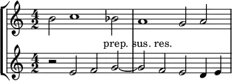 
    { << \new StaffGroup <<
        \new Staff <<
            \set Staff.midiInstrument = #"voice oohs"
            \clef treble \time 4/2
            \relative c'' {
                \clef treble \time 4/2
                b2 c1 bes2 a1 g2 a
                }
            >>
        \new Staff <<
            \set Staff.midiInstrument = #"voice oohs"
            \clef treble \time 4/2
            \new Voice \relative c' {
                r2 e f g~ g ^\markup { \center-align { "prep. sus. res." } } f e d4 e
                }
            >>
    >>
>> }
