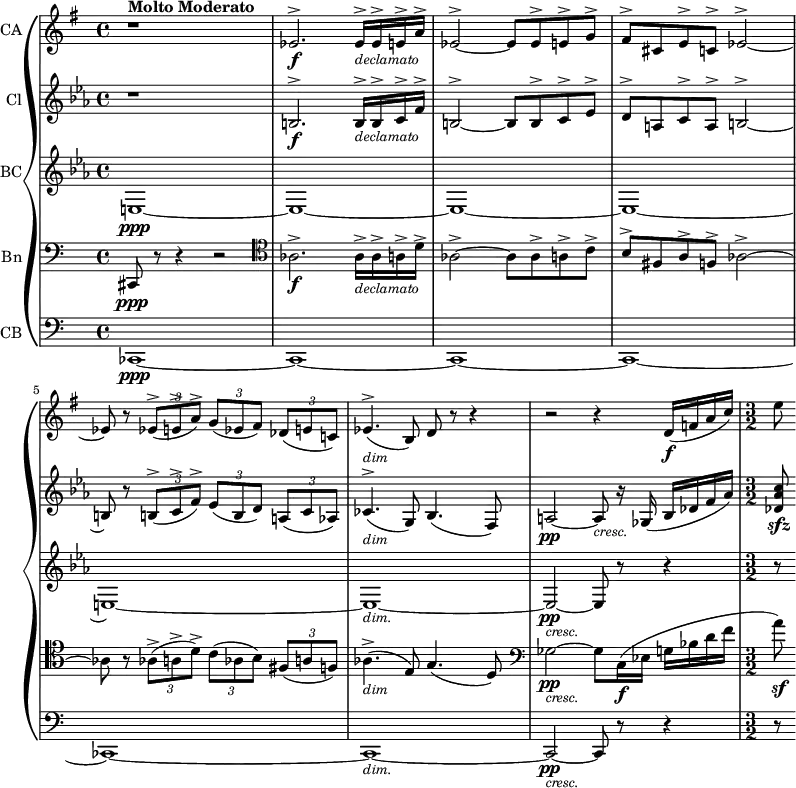 
{ \new PianoStaff 
  <<
\new Staff  \with { instrumentName="CA"}
  \relative c'
{ 
   \set Score.tempoHideNote = ##t  \tempo 2 = 35
  \set Staff.midiInstrument = #"english horn" 
  \set Staff.midiMinimumVolume = 0.2
  \set Staff.midiMaximumVolume = 0.7
  \key e  \minor 
  \clef treble 
  \time 4/4 
  r1^\markup { \bold "Molto Moderato" }
  ees2.^\accent\f ees16^\accent_\markup { \italic \small declamato } ees^\accent e^\accent a^\accent |
  ees2^\accent~ ees8 ees^\accent  e^\accent g^\accent |
  fis^\accent cis e^\accent c^\accent ees2^\accent~ | 
  ees8 r8 \tuplet 3/2 {ees^\accent\=1( e^\accent a^\accent\=1)} \tuplet 3/2 {g\=1( ees fis\=1)} \tuplet 3/2 {des\=1( e c!\=1)} | 
  ees4.^\accent\=1(_\markup {\italic \smaller"dim" } b8\=1) d8 r8 r4 |
  r2 r4 d16\f\=1( f a c\=1)|
  \time 3/2
  e8
  }
\new Staff  \with { instrumentName="Cl"}
\relative c'
{ 
  \set Staff.midiInstrument = #"clarinet" 
  \set Staff.midiMinimumVolume = 0.2
  \set Staff.midiMaximumVolume = 0.7 
  \transposition a
  \key c \minor 
  \clef treble 
  \time 4/4
  r1
  b2.^\accent\f b16^\accent_\markup { \italic \small declamato } b^\accent c^\accent f^\accent |
  b,2^\accent~ b8 b^\accent c^\accent ees^\accent |
  d^\accent a c^\accent a^\accent b2^\accent~ | 
   b8 r8 \tuplet 3/2 {b^\accent\=1( c^\accent f^\accent\=1)} \tuplet 3/2 {ees\=1( b d\=1)} \tuplet 3/2 {a\=1( c aes\=1)} |
   ces4.^\accent\=1(_\markup {\italic \smaller"dim" } g8\=1) bes4.\=1( f8\=1) |
   a2\pp~ a8_\markup {\italic \smaller "cresc."} r16 ges16\=1( bes des f aes\=1) |
   < des, aes' c >8\sfz 
  }
\new Staff  \with { instrumentName="BC"}
\relative c'
{ 
  \set Staff.midiInstrument = #"clarinet" 
  \set Staff.midiMinimumVolume = 0.2
  \set Staff.midiMaximumVolume = 0.7 
  \transposition a
  \key c \minor 
  \clef treble 
  \time 4/4
  e,1\ppp\=1~|
  e~ |
  e~ |
  e~ |
  e~ |
  e~_\markup {\italic \smaller "dim." } |
  e2~\pp_\markup{\italic \smaller "cresc."} e8 r8 r4
  r8
}
\new Staff  \with { instrumentName="Bn"}
\relative c'
{ 
  \set Staff.midiInstrument = #"bassoon" 
  \set Staff.midiMinimumVolume = 0.2
  \set Staff.midiMaximumVolume = 0.7 
  \key c \major 
  \clef bass 
  \time 4/4
  cis,,8\ppp r8 r4 r2
  \set Staff.clefGlyph = "clefs.C"
  des'2.^\accent\f des16^\accent_\markup { \italic \small declamato } des^\accent d^\accent g^\accent |
  des2^\accent~ des8 des^\accent d^\accent f^\accent |
   e^\accent bis d^\accent b^\accent des2^\accent~ |  
   des8 r8 \tuplet 3/2 {des^\accent\=1( d^\accent g^\accent\=1)} \tuplet 3/2 {f\=1( des e\=1)} \tuplet 3/2 {bis\=1( d b\=1)} |
   des4.^\accent\=1(_\markup {\italic \smaller"dim" } a8\=1) c4.\=1( g8\=1) |
   \set Staff.clefGlyph = "clefs.F"
   ges'2\pp_\markup {\italic \smaller "cresc."}~ ges8 c,16\f\=1( ees g bes d f |
   a8\=1)\sf
  }
\new Staff  \with { instrumentName="CB"}
\relative c'
{ 
  \set Staff.midiInstrument = #"bassoon" 
  \set Staff.midiMinimumVolume = 0.2
  \set Staff.midiMaximumVolume = 0.7 
  \key c \major 
  \clef bass 
  \time 4/4
  ces,,1\ppp\=1~|
  ces1~ |
  ces1~ |
  ces1~ |
  ces1~ |
  ces1~_\markup {\italic \smaller "dim." } |
  ces2~\pp_\markup{\italic \smaller "cresc."} ces8 r8 r4
  r8
}
>> 
}

