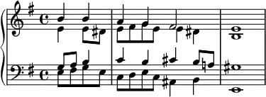 \new PianoStaff <<
\new Staff <<
\new Voice \relative c'' {
\stemUp \clef treble \key e \minor \time 4/4
\partial2 b4 b a g fis2 e1
}
\new Voice \relative c' {
\stemDown
\partial2 e4 e8 dis e fis g e e4 dis b1
}
>>
\new Staff <<
\new Voice \relative c' {
\stemUp \clef bass \key e \minor \time 4/4
\partial2 g8 a b4 c b cis b8 a! gis1
}
\new Voice \relative c {
\stemDown
\partial2 e8 fis g e c d e c ais4 b e,1
}
>>
>>