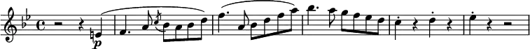 
\relative e' {
  \key bes \major \time 4/4
  r2 r4 e( \p
  f4. a8 \acciaccatura c8 bes a bes d)
  f4.( a,8 bes d f a)
  bes4.( a8 g f es d(
  c4-. r d-. r
  es4-. r r2
} 
