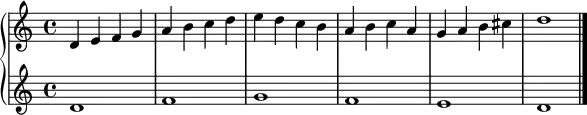  {
# (set-global-staff-size 16)
\relative c' {
\new PianoStaff <<
\new Staff {
d e f g a b c d
e d c b a b c a g a b cis d1
\bar "|." }
\new Staff {
d,1 f g f e d
}
>>
}
}

