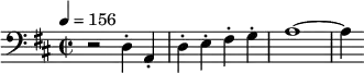 
\relative c { \set Staff.midiInstrument = #"cello" \clef bass \time 2/2  \tempo 4 = 156 \key d \major r2 d4-. a-. | d-. e-. fis-. g-. | a1~ | a4 }
