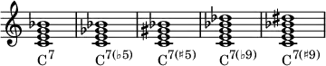  {
\override Score.TimeSignature #'stencil = ##f
\relative c' {
   \clef treble
   \time 4/4
   \key c \major
   \textLengthOn
   <c e g bes>1_\markup { \concat { "C" \raise #1 \small "7" } }
   <c e ges bes>_\markup { \concat { "C" \raise #1 \small { "7(♭5)" } } }
   <c e gis bes>_\markup { \concat { "C" \raise #1 \small { "7(♯5)" } } }
   <c e g bes des>_\markup { \concat { "C" \raise #1 \small { "7(♭9)" } } }
   <c e g bes dis>_\markup { \concat { "C" \raise #1 \small { "7(♯9)" } } }
} }
