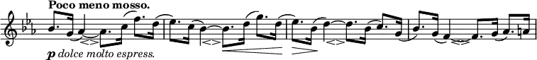 
\relative c' \new Staff \with { \remove "Time_signature_engraver" } {
 \key es \major \time 4/4 \tempo "Poco meno mosso."
  bes'8. _\markup { \dynamic p \italic { dolce molto espress. } } g16( << aes4)~ { s8 s8_\espressivo } >> aes8. c16( f8.) d16( es8.) c16( << bes4)~ { s8 s8_\espressivo } >> bes8.\< d16( g8.) d16
  ( es8.)\> bes16\!( << d4)~ { s8 s8_\espressivo } >> d8. bes16( c8.) g16( bes8.) g16( << f4)~ { s8 s8_\espressivo } >> f8. g16( aes8.) a16
}
