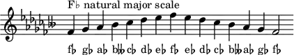 
\header { tagline = ##f }
scale = \relative f' { \key fes \major \omit Score.TimeSignature
  fes^"F♭ natural major scale" ges as beses ces des es fes es des ces beses as ges fes2}
\score { { << \cadenzaOn \scale \context NoteNames \scale >> } \layout { } \midi { } }
