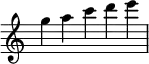 
\relative c''' {
  \time 5/4
  \omit Score.TimeSignature
  g a c d e
}
