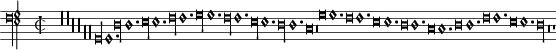 
\paper{
  oddFooterMarkup=##f
  oddHeaderMarkup=##f
  bookTitleMarkup=##f
  scoreTitleMarkup=##f
}
#(ly:set-option 'resolution 600)
mensuralTightSetting = {
  \override Score.SpacingSpanner #'base-shortest-duration = #(ly:make-moment 1 2)
  \override Score.SpacingSpanner #'common-shortest-duration = #(ly:make-moment 1 2)
  \override Score.SpacingSpanner #'shortest-duration-space = #1.5
  \override Score.SpacingSpanner #'spacing-increment = #0.05
  \override NoteSpacing    #'stem-spacing-correction = #0.0
  \override Score.BarLine #'stencil = #empty-stencil
  \override Score.BarNumber #'stencil = #empty-stencil
}
\book {
  \score {
    \new MensuralVoice \relative {
      \set Score.timing = ##f
      \override NoteHead.style = #'petrucci
      \override Rest.style = #'mensural
      \override Staff.TimeSignature.style = #'mensural
      \mensuralTightSetting
      \clef "petrucci-f4"
      \time 2/2
      \override Score.Rest.Y-offset = #1
      r\longa r
      \override Score.Rest.Y-offset = #0
      r r
      \override Score.Rest.Y-offset = #-1
      r r
      g,\longa g1. d'\longa d1. e\longa e1. f\longa f1. g\longa g1.
      f\longa f1. e\longa e1. d\longa d1. c\breve
      \once \override Score.Rest.Y-offset = #-1 r\breve
      g'\breve g1. f\breve f1. e\breve e1. d\breve d1. c\breve c1.
      d\breve d1. f\breve f1. e\breve e1. d\longa r\breve
      \once \override Score.Rest.Y-offset = #0
      r1
    }
    \layout {}
    \midi {
      \tempo \breve = 60
    }
  }
}
