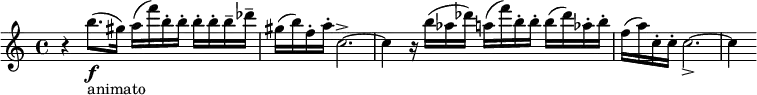 
  \relative c'' { \clef treble \time 4/4 \key c \major r4 b'8.(\f_"animato" gis16) a( f') b,-. b-. b-. b-. b-- des-- | gis,( b) f-. a-. c,2.->~ | c4 r16 b'( aes des) a( f') b,-. b-. b( des) aes-. b-. | f( a) c,-. c-. c2._>~ | c4 }
