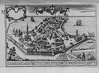 17e-eeuws gravure met het kasteel gelegen in het westen (links) van de stadswallen
