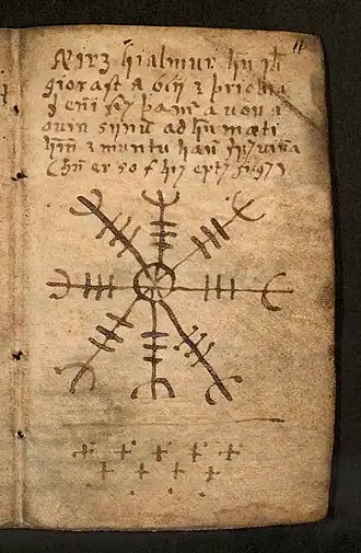 Ægishjálmur, of 'staven van ontzag'. Het is een magisch symbool, waarop veel variaties bestaan, en die circuleerden in IJsland vanaf de zeventiende eeuw. IJslands handschrift Lbs. 143 8vo.