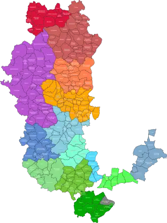 Onderverdeling van het departement in gemeenteverbanden (na de afsplitsing van de Métropole de Lyon als aparte territoriale eenheid).