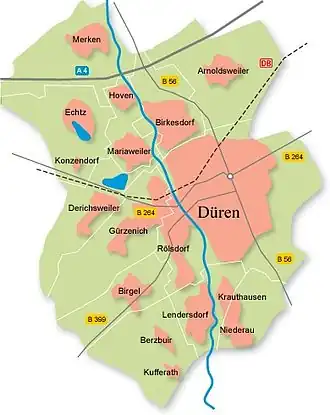 Kaart der stadsdelen van Düren