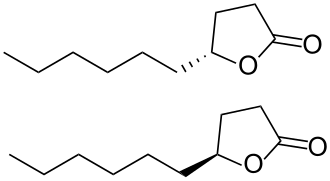 Structuurformule van (R)-γ-decalacton (boven) en (S)-γ-decalacton (onder)