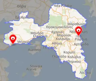 Kaart van de grootste branden in Attica in 2018