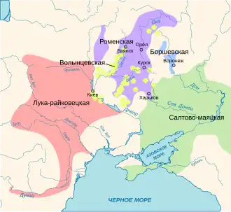 ■&nbsp;Loeka-Rajkycultuur ■&nbsp;Volyntsevocultuur ■&nbsp;Romnycultuur ■&nbsp;Borsjtsjovocultuur ■&nbsp;Saltov-Majatscultuur