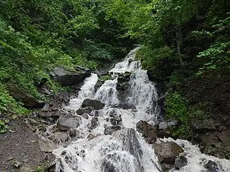 De waterval «Troefanets» in het beschermde bergmassief Svydovetsky.