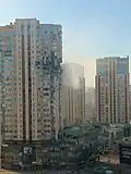 Appartementsgebouw in Kiev, de inslag werd veroorzaakt door een kruisvluchtwapen op 26 februari