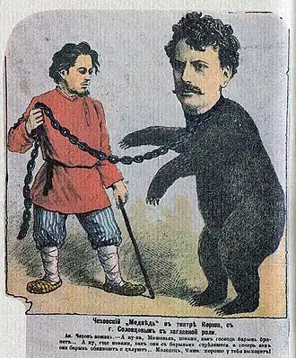 Karikatuur van Tsjechov en hoofdrolspeler Solovtsov