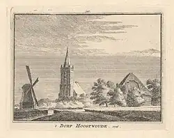 Tekening uit 1726 van boerderij met trapvormige dakspiegel te Hoogwoud.